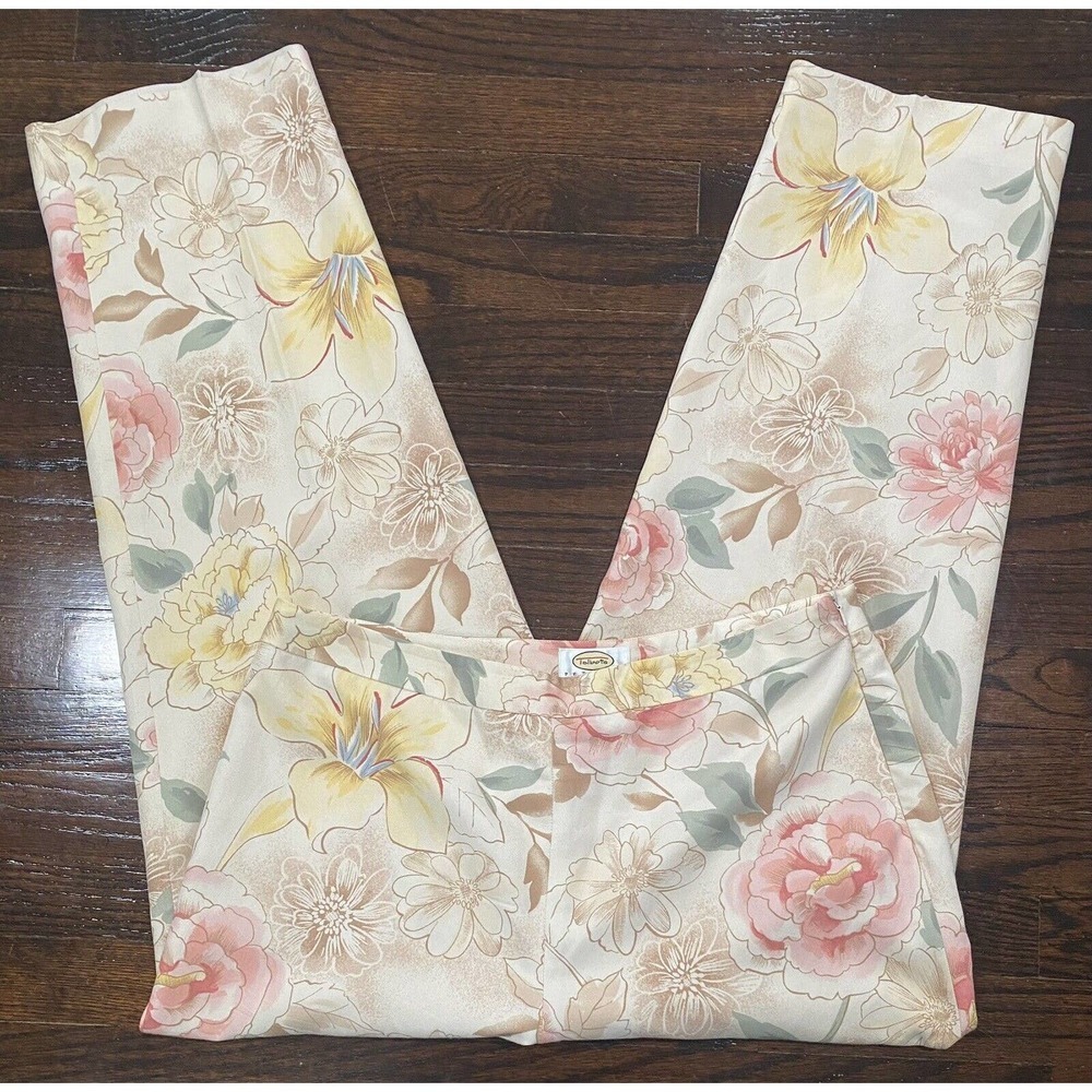 Talbots Petites Silk Blend Pants 14 Tan Pink Yellow Floral Straight Leg Side Zip - Picture 8 of 9